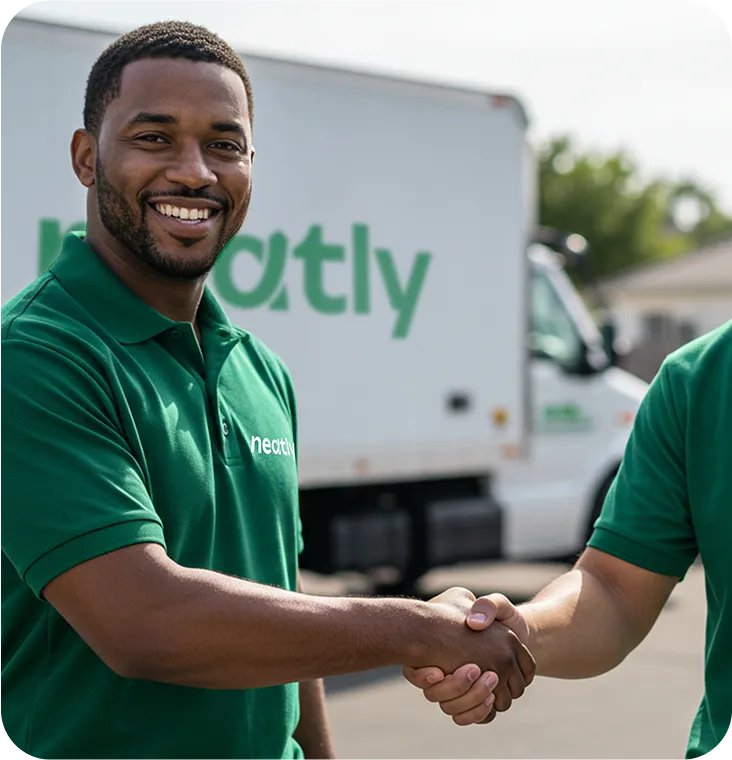 Neatly Moving crew member shaking hands with a customer